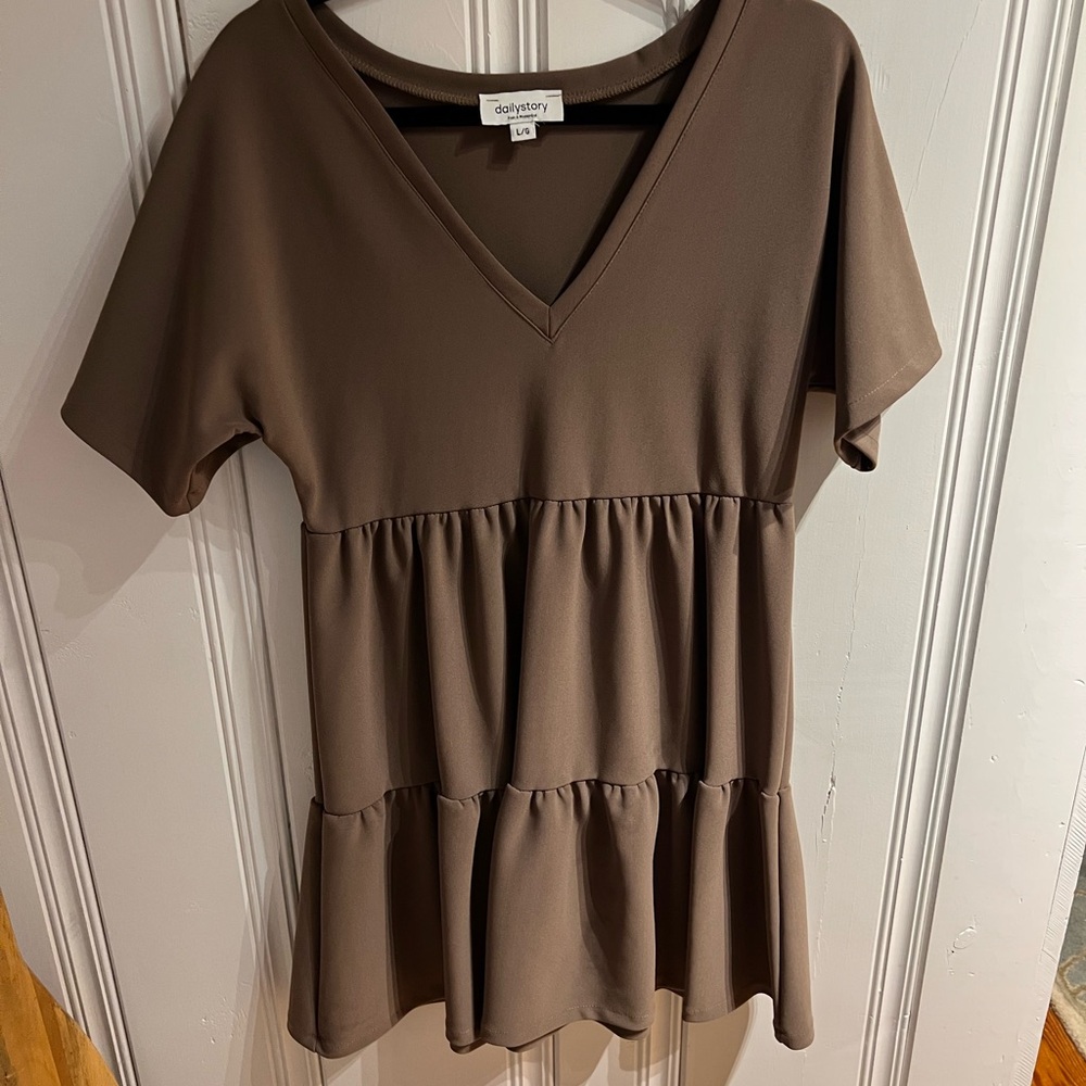 Brown V-Neck Tiered Dress